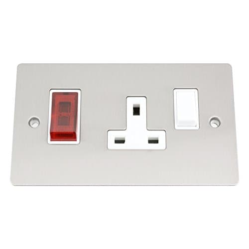 Cooker Control Unit - Brushed Matt Satin Chrome Flat - White Insert - 45A Switch with 13A Socket