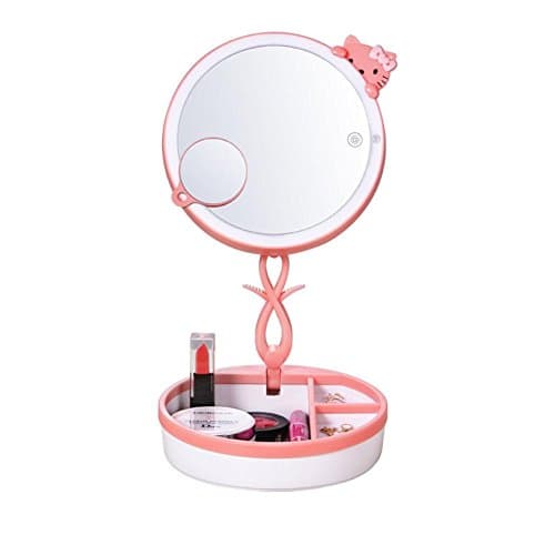 Comfot Vanity Makeup Mirror 3x Magnification 28 LED Lights With Touch Screen And USB Charging, Portable Bedside Night Light With Human Body Sensor Light , sprout cat induction pink , 192*192*78