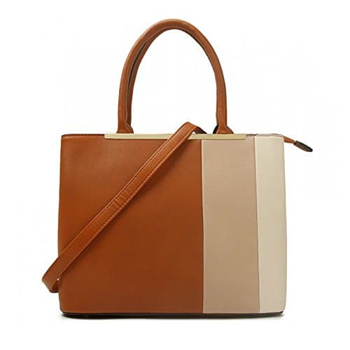 Three Tone Top Handle Bag with detachable shoulder strap (B051627 Brown)