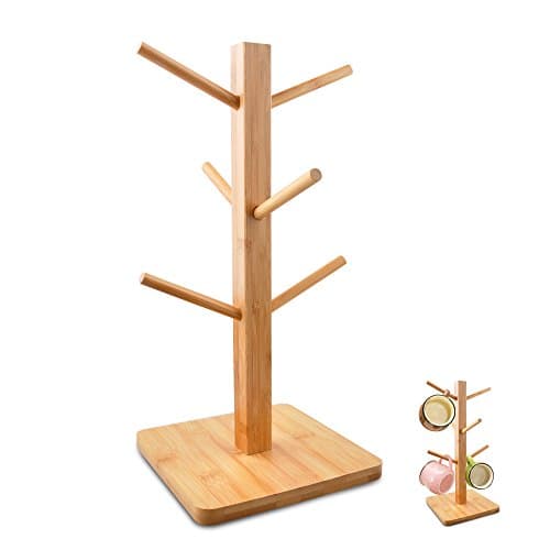Mug Rack Tree, Edobil Removable Bamboo Mug Stand, Storage Coffee Tea Cup Organizer Hanger Holder with 6 Hooks (Natural Bamboo)