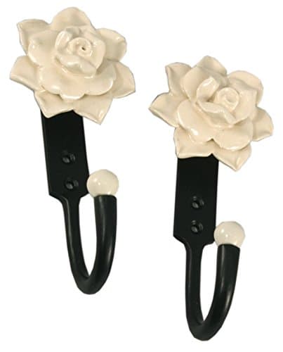 Set Of 2 Single Wall Hooks With Ceramic Rose Design