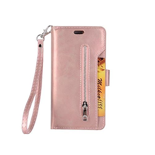 iPhone 7 Plus Case,iPhone 8 Plus Case [with Free Screen Protector], Qimmortal(TM) Premium PU Leather Wallet Purses Case Stand Book Type Style Cover with [Lanyard Strap] and [Credit Card Holders Slots] Flip Folio Magnetic Detachable Button Protective Case Cover For Apple iPhone 7 Plus/iPhone 8 Plus - Rose