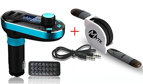 MYTK Upgraded Luxury Version Car MP3 Player LED Display FM Transmitter Bluetooth Hands-free Car Kit Dual USB Output with Remote Controller and Retractable 2-In-1 USB Data Cable (Style 1)
