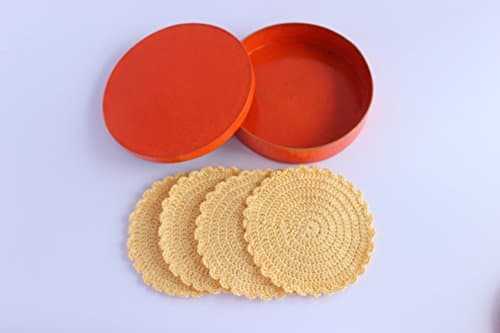 Handmade Knitted Round Cream Yellow Colour Coaster Table Protection Pattern Home Decor Set Of 4