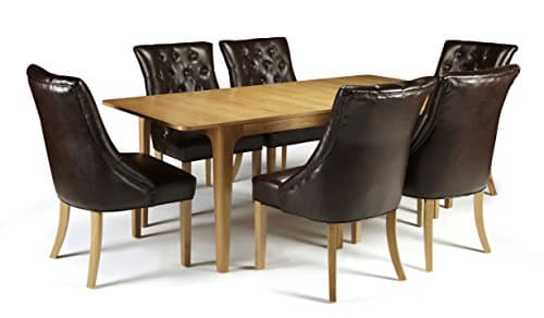 Wandsworth Extendable Oak Rectangular Self-Stroing Leaf Table &amp; 6 Hampton Brown Bonded Leather Chairs with Oak Legs - Dining Room Sets Ideal for Modern Kitchens &amp; Dining Rooms