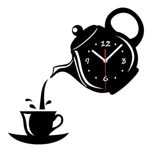 Ho clock DIY 3D Wall Clock Acrylic Coffee Cup Teapot Shape Decorative Kitchen Wall Clocks Living Room Dining Room Home Decor Clock Stickers Removable, black