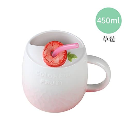 MOCER Creative Mark Cup With A Straw To Drink Large Capacity Ceramic Mug Milk Cup Cute Girl Heart Couple Breakfast, Strawberry With Straw (450Ml)