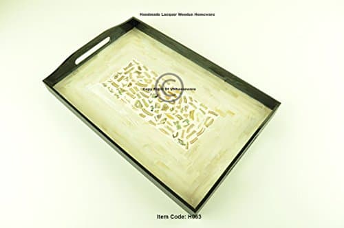 wooden tray handmade serving tray platter rectangular wood tray lacquer inlaid with mother of pearl sea shell fine quality decorative tray medium size cream black, H063M