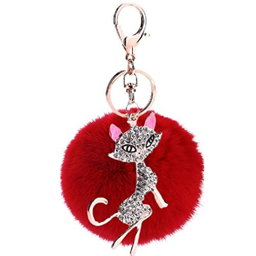 Aokbi 2017 New Hot Solid Color Artificial Rabbit Fur Fox Pendent Ball Keychain Handbag Car Key Ring (Red)