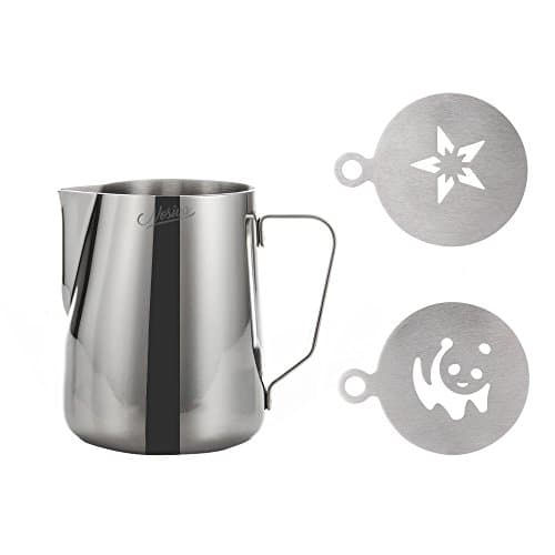 Milk pitcher Set 12oz with 2 Stencils - 350ml Non-toxic Stainless-Steel Milk Frothing Jug for Coffee, Latte &amp; Cappuccino Art