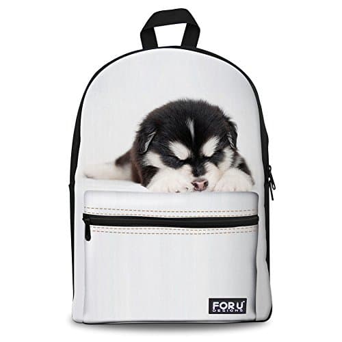 White Canvas Backpack Small Husky Printed School Bag for Teens