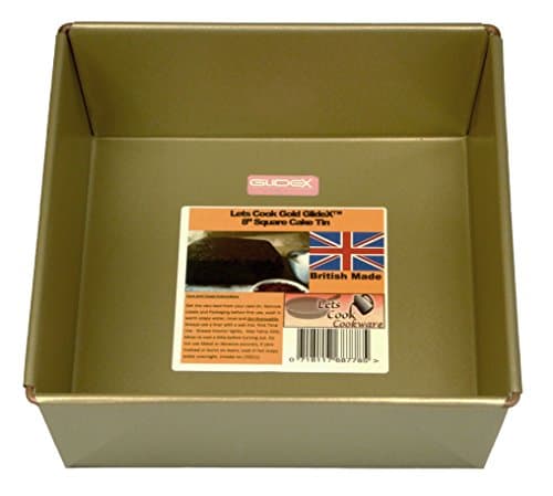 Lets Cook 8 Inch Square Cake Tin, Fixed Base, 20cm, British Made with Gold GlideX Non Stick TM