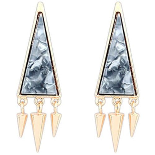 Granite Grey Geometric Triangular Spike Riveted Gold Tone Drop Earrings