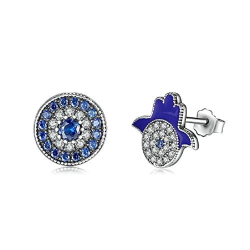 925 Sterling Silver Earrings Studs Set with Clear Blue Cubic Zirconia Various Styles,Sold as Pair (Eye of Evil)