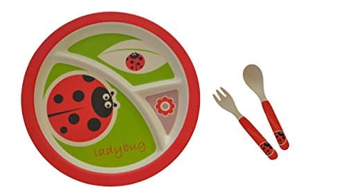 Kids Sectioned Plate, Fork &amp; Spoon Bundle – Made from Bamboo Fibre in Ladybird Design by Mini Mumbler® | Tableware | Dinnerware | Mealtimes | Weaning | Eco-Friendly