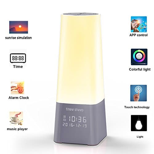 three sheep Wake Up Light Alarm Clock, Bedside Lamp with Simulation Sunrise 6 Natural Sounds,Touch Sensor and APP Control MP3 Music Player 1600M Color Changing Mood Night Light ( Grey )