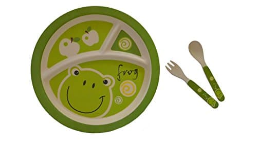 Kids Sectioned Plate, Fork &amp; Spoon Bundle – Made from Bamboo Fibre in Frog Design by Mini Mumbler® | Tableware | Dinnerware | Mealtimes | Weaning | Eco-Friendly