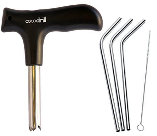 CocoDrill Coconut Opener Tool + 3 Reusable Straws -COMBO PACK - Stainless Steel Drinking Straw + Cleaner - Eco Friendly, SAFE, NON-TOXIC by CocoDrill
