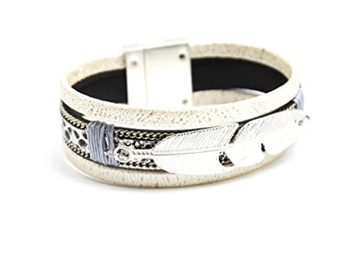 BC999E - Magnetised cuff bracelet - multi-strand - embossed - ecru - python and feathers - silver - fantasy fashion