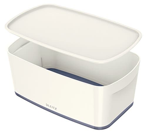 Leitz Small MyBox with Lid, Storage Box for Home and Office, High Gloss Plastic, 5 Litre, A5, White/Grey