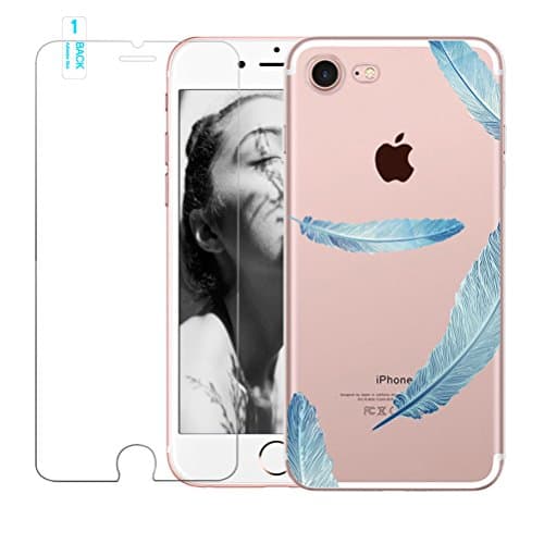 iPhone 7 / iPhone 8 Case with Tempered Glass Screen Protector, Blossom01 Ultra Thin Soft Gel TPU Silicone Case Cover with Cute Feather for iPhone 7 2016 / iPhone 8 2017