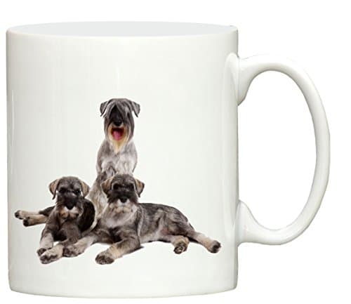 Three Schnauzers design hand printed ceramic mug printed in the UK by Dog Exhibitor merchandise, great for tea, coffee and most hot or cold beverages.