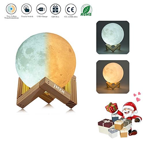 Moonlight 3D Printed Moon Lamp | Touch Control Adjustable Brightness &amp; 2 Selectable Light Option (Warm Yellow &amp; Cool White) with Solid Wooden Holder/ Stand | Lithium Builtin Battery with USB Charging (Lasts appx 12 Hours) | Diameter 7”