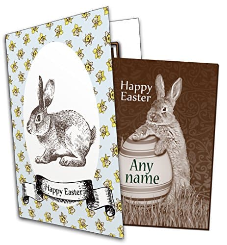 Personalised Easter Chocolate Greetings Card - Bunny (rabbit) holding an egg with NAME - Any name