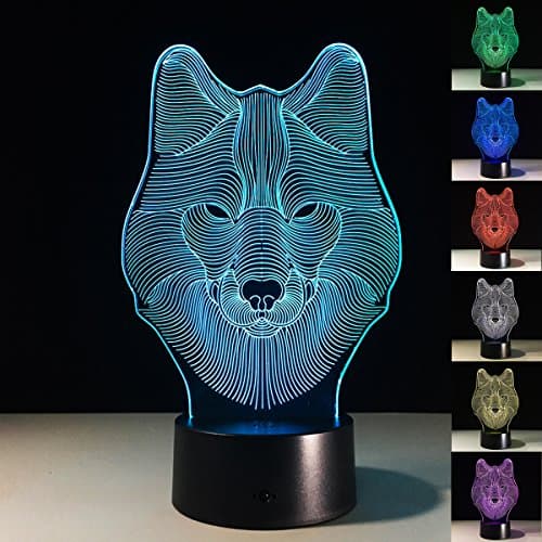 XJCKING Animals Wolf 3D Optical Illusion Night Light Touch Table Desk Lamps,7 Color Changing Lights with Acrylic Flat &amp; ABS Base &amp; USB Charger,Kids Room Home Decoration Best Gift