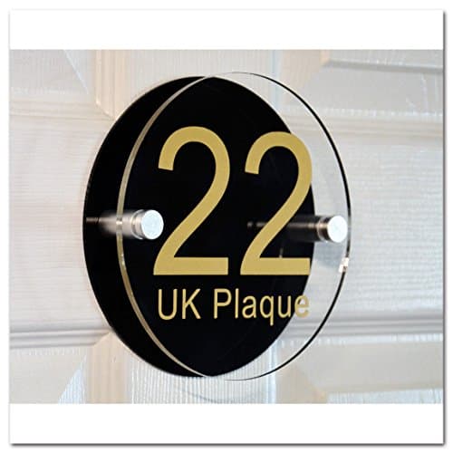 Round Double Paste GOLD TEXT Effect | Modern Design Personalised Crystal Clear Plaque &amp; Black Acrylic Decorative Back Plate House Numbers Signs | Street Name Signs | House Name Plaques | House signs | Door Plaques (6 Font Styles To Choose)