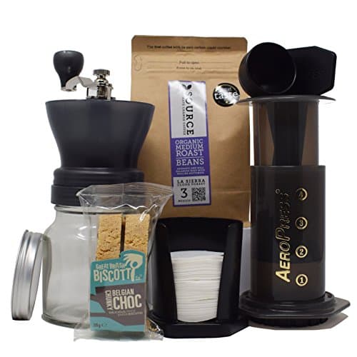Discover Coffee Gift Set - Source Mexico Whole Bean Coffee (227g), Grunwerg Grinder, Aeropress Kit &amp; Biscotti