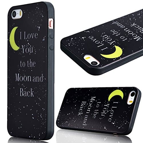 iPhone SE Case, iPhone 5S 5 Silicone Cover, GrandEver Soft TPU Bumper Shell Moon Quotes Pattern Design Case Cover Rubber Gel Skin Protection Gel Cover Cell Phone Black Back Cover Protective Shell for iPhone SE/5S/5 --- I Love You to the Moon and Back