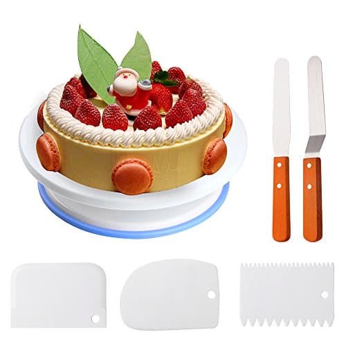 Cake Decorating Turntable, Rotating Cake Stand, Cake Plate with 2 Sided &amp; Angled Knife Set &amp; 3 Pcs Icing Smoother Perfect for Cake Decorating, Baking, Pastries and Icing Patterns by Pingenaneer (White)