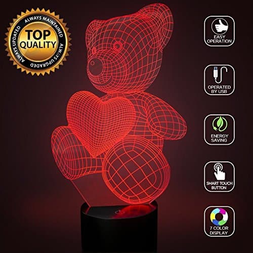 3D Illusion Night Light with Touch Remote Controller, 7 Color Changing Desk USB Novelty LED Table Lamp -Birthday Gifts for Kids Bedroom or Home Decoration (Love Heart Bear)