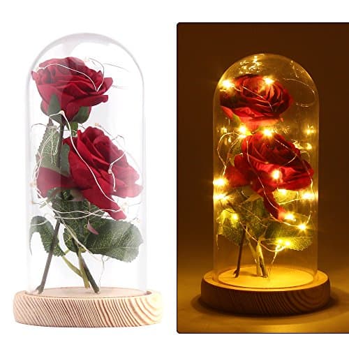Frontoppy Red Silk Rose and Led Light with Fallen Petals In Glass Cover Above Removable Wooden Base Artificial Decoration, DIY Handmade Enchanted Love Forever Rose for Wedding Valentine's Day Gift