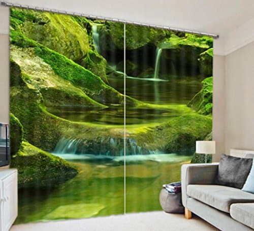 KKLL Curtains 3D Green River Landscape Three dimensional Visual effect Printing Polyester Fabrics Blackout Living room Window drapes Bedroom Panel , wide 2.64x high 2.41