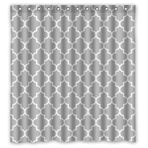 Lawrence Eco Friendly Grey Moroccan Tile Quatrefoil Pattern Printed Fabric Shower Curtain With Hooks Polyester Waterproof Bathroom Curtains 66x72 inch
