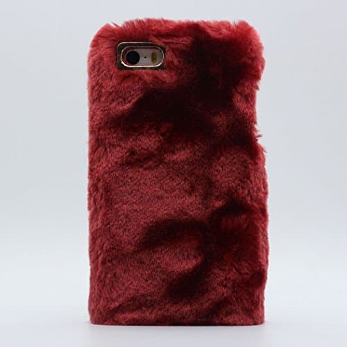 iPhone 5S Handmade Fluffy Case, iPhone SE Winter Cover, Hamyi Hard Plastic Case Coved with Plush for Apple iPhone 5/5S/SE (Wine Red)