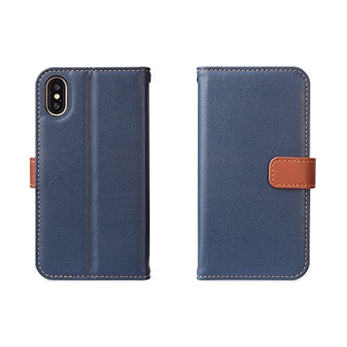 Apple iPhone X Case, Casemania Leather Wallet Case Protector Flip Cover with Kickstand Card Holder Card Slots Blue PU Leather for iPhone X (Blue)