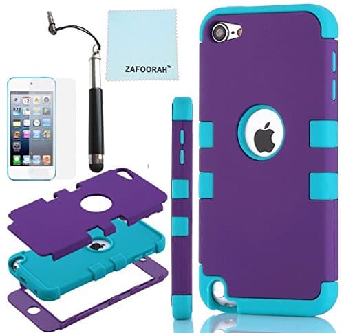 iPod Touch 5th 6th Generation Case, iPod Touch 5/6 Case Genuine ZAFOORAH Hybrid Shockproof Hard Defender 3 Layers with 3 Bonus items Stylus, Screen Protector, Microfiber Cloth (Double Clip - 3 Layers - Purple/Light Blue)