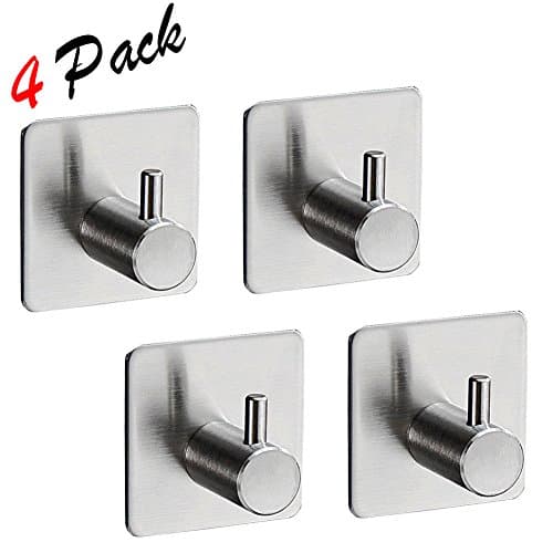 Kitchen Adhesive Hook 304 Stainless Stick-on Hooks,3M Strong Adhesive Wall Hanger,Heavy Duty Utensil Hooks Max Support 3Kg,No Drill Wall Hook for Coat,Tea Towel,Keys,Hat etc (Single hook-4ps)