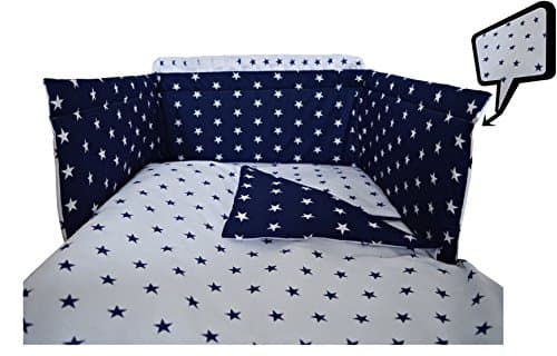 5 pc BABY BEDDING SET FOR COT 120X60 OR COT BED 140X70cm Inc -DUVET+PILLOW+DUVET COVER+PILLOW CASE+ BUMPER (COT 120X60, NAVY STARS-REVERSIBLE DUVET COVER)