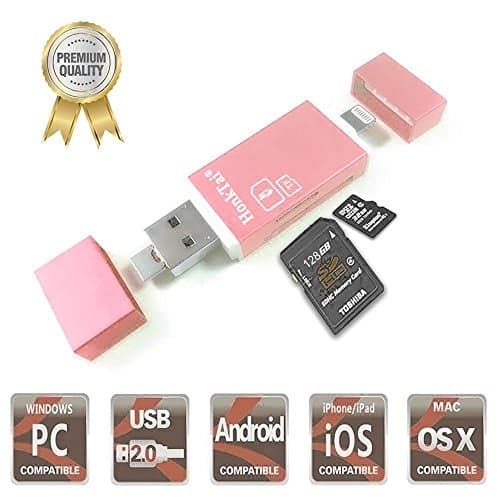 HonkTai SD TF Card Reader Lightning Micro USB Connector, External Storage Memory Expansion for iPhone/iPad/Android phones/Mac/PC -Rose Gold