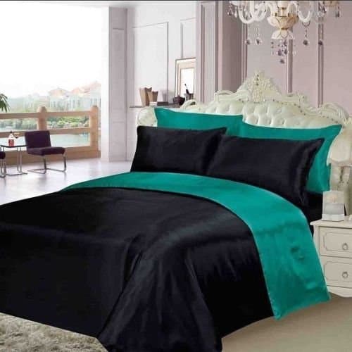 6 PCS BEDDING SET INCLUDES - SATIN FITTED SHEET REVERSIBLE DUVET COVER + 4 PILLOWCASES (SuperKing, Black/Teal)