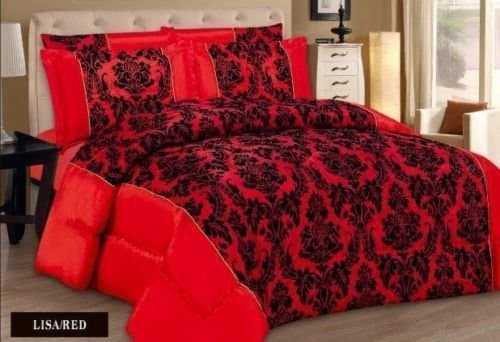 3PC Polyester Taffeta With Microfiber Damask Flock Quilted Bedspread Comforter With 2 Pillow Shams (Double, Red Black)