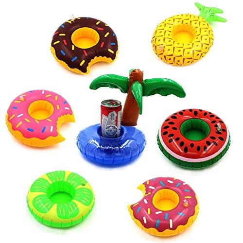 LevinArt 7 Pack Inflatable Float Drink Holder Float,Palm Tree Fruit Donuts Inflatable Pool Cup Holders Coasters for Pool Party Water Fun Beach Toys