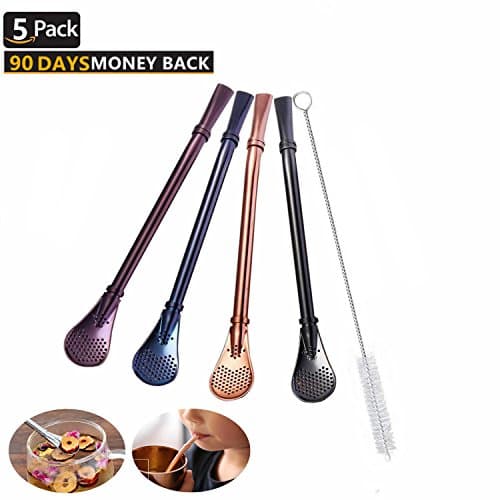Straw Spoons,AllSpes 2 in 1 Multi-function Reusable Stainless Steel Bombilla Coffee Straws for Smoothie, Milkshake, Cocktail and Hot Drinks Yerba Mate Tea Filter Colander Spoons,Length 6.22" , 4 Color + 1pcs Free Cleaning Brush
