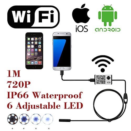 WiFi Wireless Digital Endoscope Borescope Snake Inspection Camera System for iphone iOS ipad Samsung Android Smartphone ,6 led light,9mm,2 Megapixels,720P HD IP66 Waterproof by AttoPro- 1M