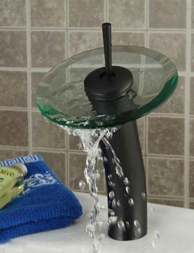 *-* ORB Round Solid Brass Waterfall Sink Basin Faucet / Glass Spout-Black + Transparent Green
