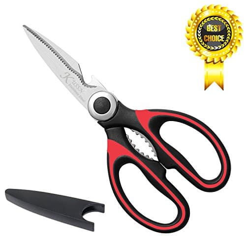 Heavy Duty Kitchen Scissors - Award Winning Best Multi-Purpose Utility Shears for Chicken, Poultry, Fish, Meat, Vegetables, Herbs, and BBQ's - As Sharp As Any Knife (Black Red)